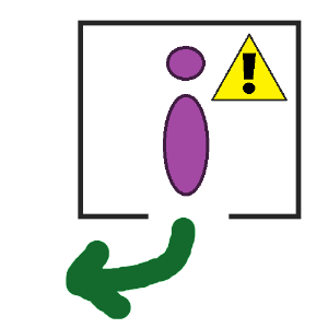 An abstract purple person inside a black square outline with a gap at the bottom. To their right is a yellow triangle with a black exclamation point inside, and there is a large green arrow pointing from the square's gap to outside.